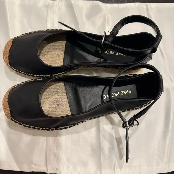 Free People Mason Espadrille Ballet Flats Black Leather Ankle Strap Size US 8.5 - Picture 8 of 10